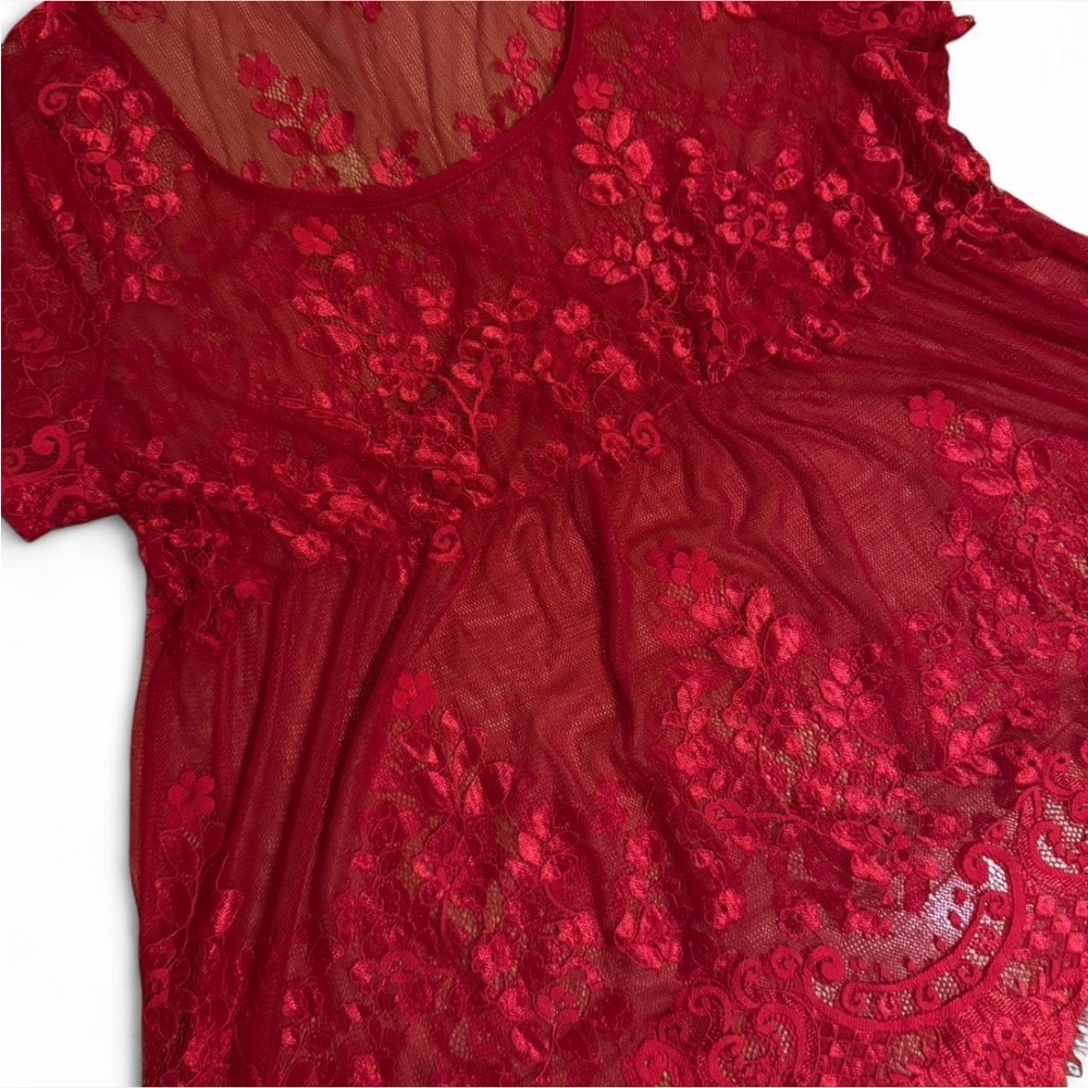 Torrid Red Lace Short Sleeve Babydoll Sheer Blouse - Picture 3 of 6